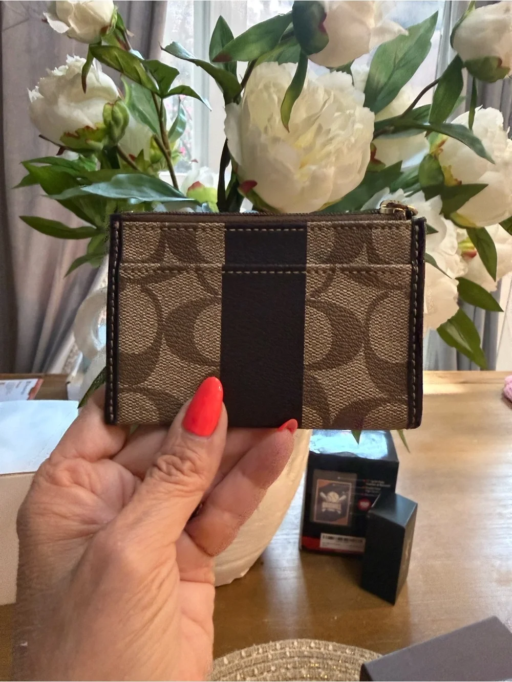 Coach Brown Signature Zip Card Case with Black Stripe and Red Logo